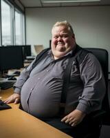 a fat man sitting at a desk in an office generative ai photo