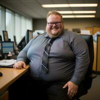 a fat man sitting at a desk in an office generative ai photo