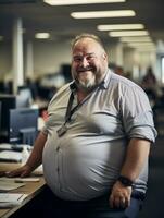 a fat man sitting at a desk in an office generative ai photo