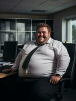 a fat man sitting at a desk in an office generative ai photo