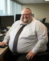 a fat man sitting at a desk in an office generative ai photo