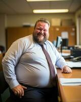 a fat man sitting at a desk in an office generative ai photo