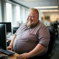a fat man sitting at a desk in front of a computer generative ai photo