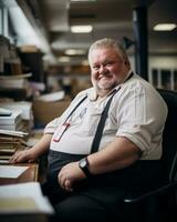 a fat man sitting at a desk in an office generative ai photo