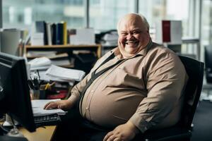 a fat man sitting at a desk in front of a computer generative ai photo