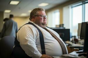 a fat man sitting at a desk in front of a computer generative ai photo