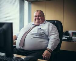 a fat man sitting at a desk in front of a computer generative ai photo