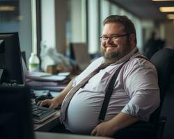 a fat man sitting at a desk in front of a computer generative ai photo