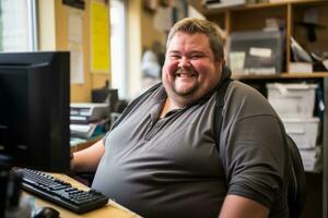 a fat man sitting at a desk in front of a computer generative ai photo