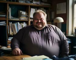 a fat man sitting at a desk in front of a computer generative ai photo