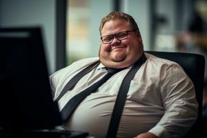 a fat man sitting at a desk in front of a computer generative ai photo