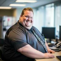 a fat man sitting at a desk in front of a computer generative ai photo