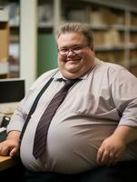 a fat man sitting at a desk generative ai photo