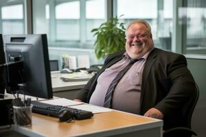 un grasa hombre sentado a un escritorio en frente de un computadora generativo ai foto