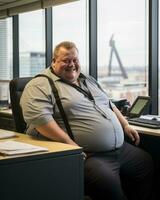 a fat man sitting at a desk generative ai photo