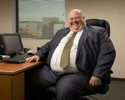 a fat man sitting at a desk generative ai photo