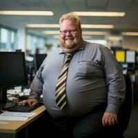 a fat man sitting at a desk generative ai photo