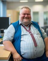 a fat man sitting at a desk generative ai photo