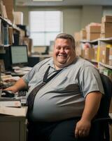 a fat man sitting at a desk generative ai photo