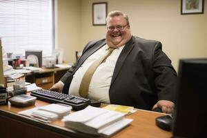 a fat man sitting at a desk generative ai photo