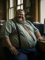 un grasa hombre sentado a un escritorio generativo ai foto