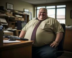 a fat man sitting at a desk generative ai photo