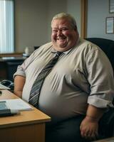 a fat man sitting at a desk generative ai photo