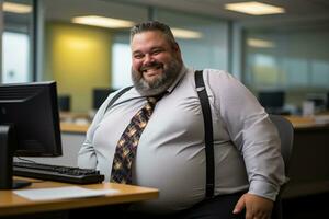 a fat man sitting at a desk generative ai photo