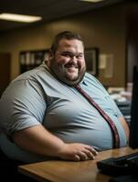 a fat man sitting at a desk generative ai photo