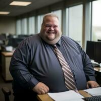 a fat man sitting at a desk generative ai photo