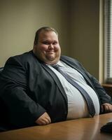 a fat man sitting at a desk generative ai photo