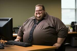 a fat man sitting at a desk generative ai photo