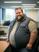 a fat man sitting at a desk generative ai photo