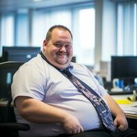 a fat man sitting in an office with a tie on generative ai photo