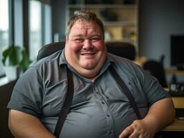 a fat man sitting in an office with a smile on his face generative ai photo