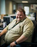 a fat man sitting in an office generative ai photo