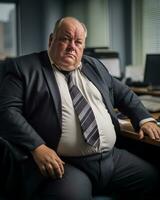 a fat man sitting in an office generative ai photo
