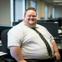 a fat man sitting in an office generative ai photo