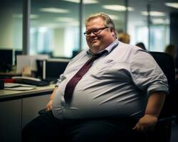 a fat man sitting in an office generative ai photo