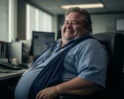 a fat man sitting in an office generative ai photo