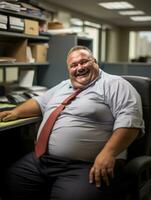 un grasa hombre sentado en un oficina generativo ai foto