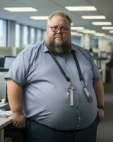 un grasa hombre en pie en un oficina con su manos en su caderas generativo ai foto