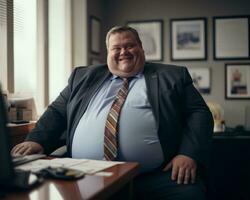 a fat man wearing a suit and tie sitting at a desk generative ai photo