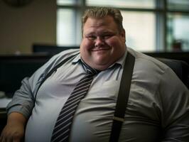a fat man wearing a tie and suspenders sitting in an office generative ai photo