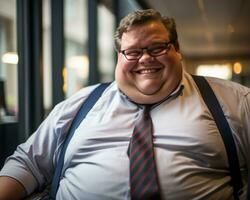 a fat man wearing glasses and a tie smiles for the camera generative ai photo