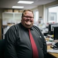 a man in a black shirt and red tie standing in front of a desk generative ai photo