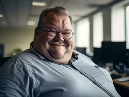 a fat man with glasses sitting in an office generative ai photo