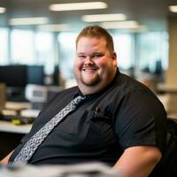 a man in a black shirt and tie sitting in an office generative ai photo