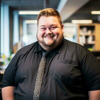 a man in a black shirt and tie standing in an office generative ai photo