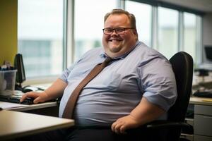 a man in a blue shirt and tie sitting at a desk generative ai photo